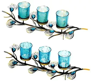 Set of 2 ** PEACOCK INSPIRED TRIO CANDLEHOLDER CENTERPIECES *Turquoise-Blue* NIB - Picture 1 of 12