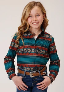 Roper Girls Kids Rust Multi 100% Cotton Ombre Aztec L/S Shirt - Picture 1 of 4