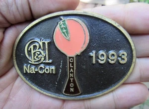 Vtg BIG PEACH Belt Buckle 1993 Water Tower CB&I Clanton Alabama Peachoid RARE VG - Picture 1 of 4