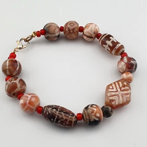 Antique Etched Carnelian Agate Beads Bracelets - Picture 1 of 21