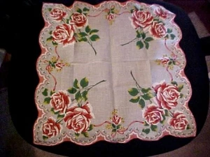 VTG Hanky w/ Pink Roses & Ribbons Scallop Edge - Picture 1 of 3