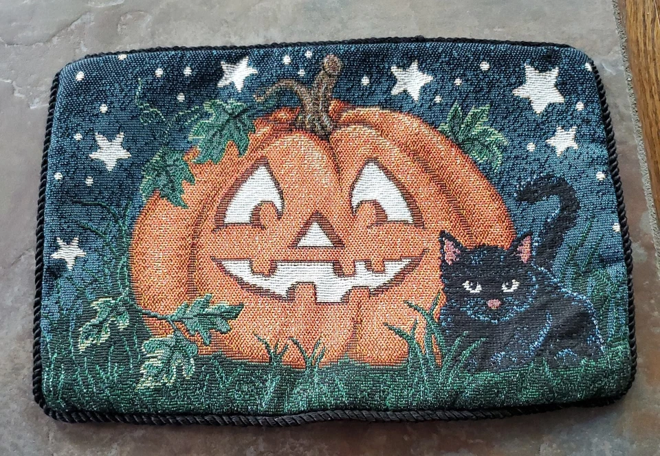 Almohada de tela tapiz sin terminar calabaza linterna Black Cat & Jack 12 x 8 Foto 1 de 4