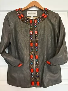 Ladies' Suit Jacket Boston Proper sz 10 Olive Linen Beaded Pockets READ - Picture 1 of 23