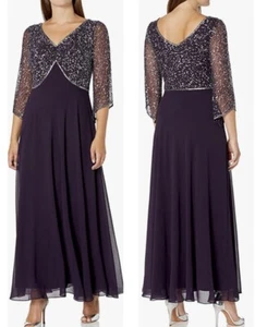 J Kara 3/4 Sleeve V-Neck Beaded Mother of Bride/Groom in Plum/Mercury Sz.8~NWT - Picture 1 of 7