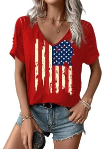 Women's American Flag V Neck Shirt 4th of July USA Flag Patriotic Graphic Sho... - Picture 1 of 1