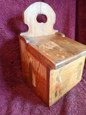 ANTIQUE WELL DECORATED HANGING WOOD SALT BOX PRIMITIVE FOLK ART SWEDEN SWEDISH - Image 1 of 4