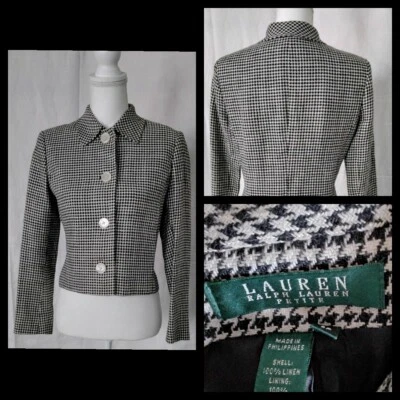 Ralph Lauren Petite Houndstooth 亚麻夹克女式 6P 黑色/象牙白 #J2603 — 第 1/4 张图片
