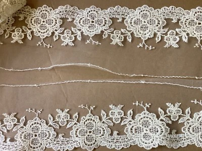 9 YDS VINTAGE SCALLOPED NATURAL FLORAL COTTON EMBROIDERED ON ILUSION NET LACE. - Image 1 of 3