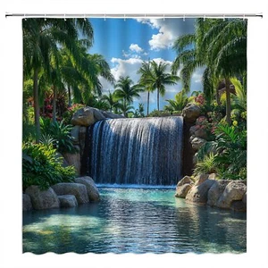 Waterfall Shower Curtain Tropical Rainforest Green Palm Trees Leaves Nature S... - Picture 1 of 4