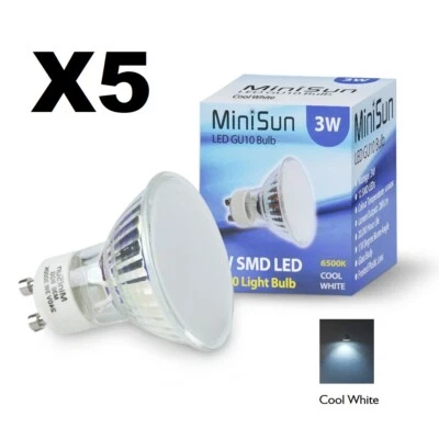 MiniSun / Value Lights 3W SMD 6500K COOL WHITE GU10 Energy Saving LED Bulb x 5 - Image 1 of 4