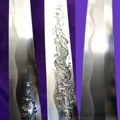 38" japanese samurai katana yu steel clay tempered blade carved dragon Mirror  - Image 1 of 4