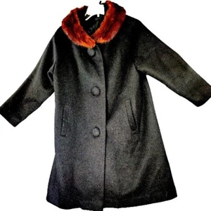 VTG 60s Black Wool & Fur Collar Pea Coat Women Size S Satin Lined Long, Pockets - Picture 1 of 12