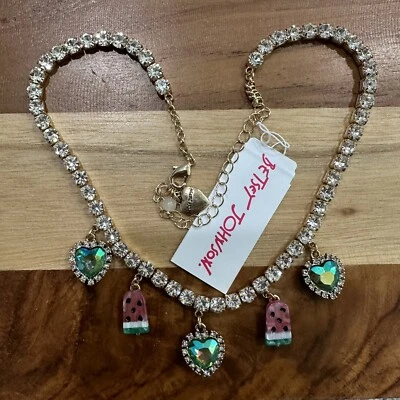 Betsey Johnson Gold Tone Watermelon Popsicle Ice Cream Rhinestone Heart Necklace - Image 1 of 3