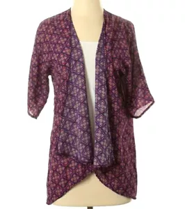 LuLaRoe 3 Art to Wear Girls Bianka Purple Coral moroccan KIMONO JACKET Hi-lo - Picture 1 of 3