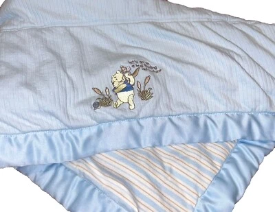 Disney Winnie the Pooh Baby Blanket Plush Satin Trim Blue Kanga Bug Finding - Image 1 of 4