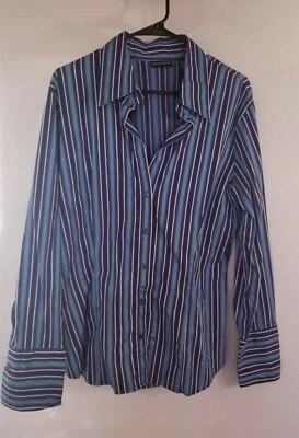 New York & Co. Shirt XL Stretch Button Up LS Blue Silver Metallic Striped Pretty Foto 1 de 4