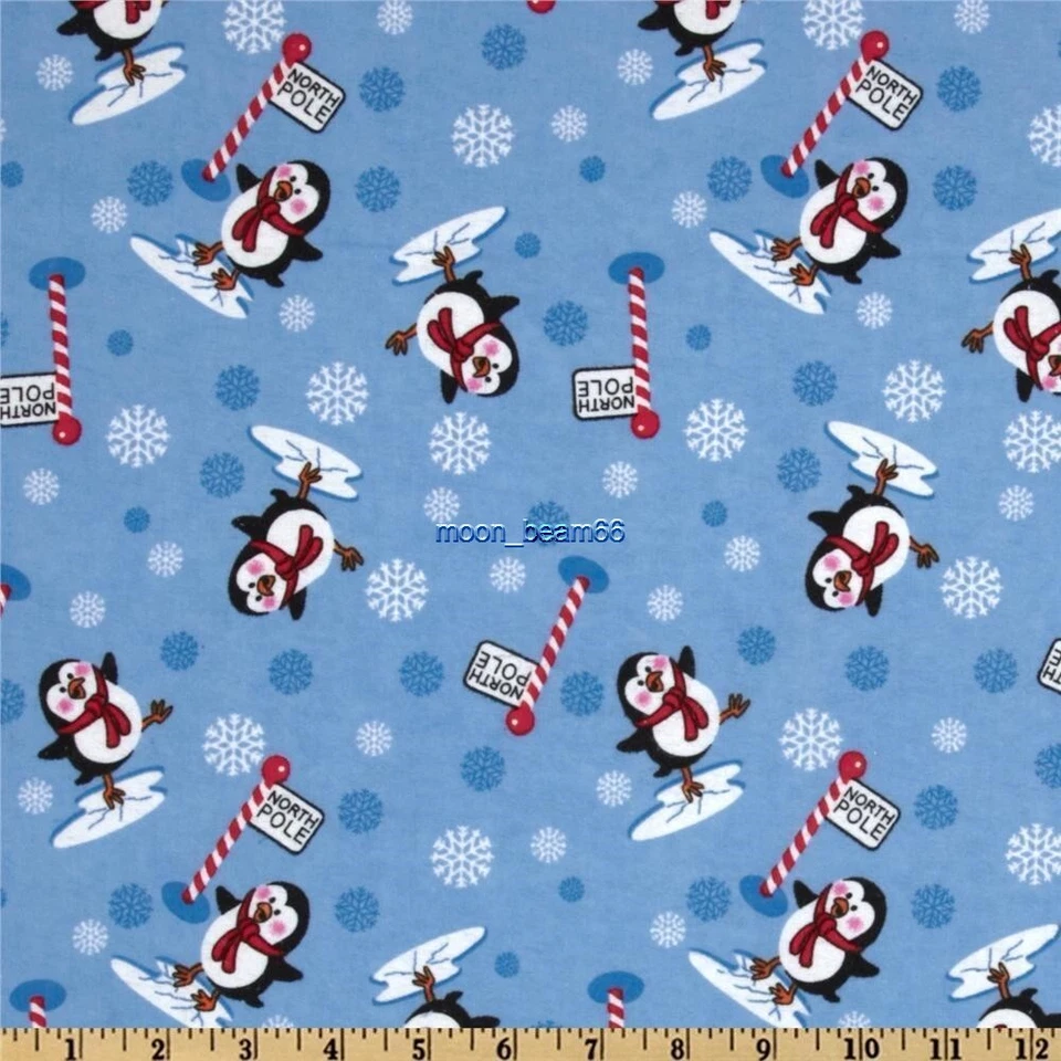34 Inches North Pole Winter Snowflake Penguins Flannel Cotton Fabric - Image 1 of 1