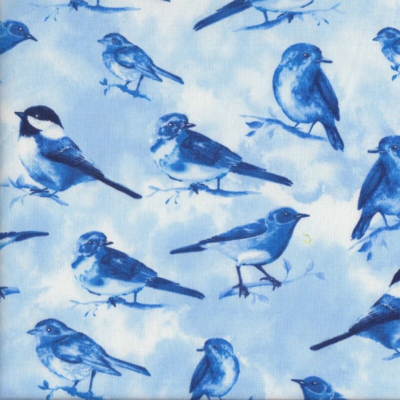 Blue Birds on Branches Sparrows Wildlife Quilting Fabric 1/2 Metre - image 1 of 1
