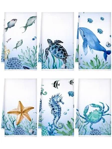 6 Pcs Sea Kitchen Towels Beach Dish Towels Set Turtle Ocean Animal Nautical H... - Picture 1 of 7