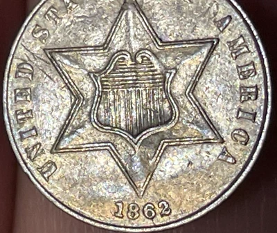 1862 Three 3 Cent Silver Trime 3CS- Tipo 3, Detalhes XF/AU - Imagem 1 de 4