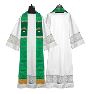 Elegant Green Church Stole with Embroidered Jerusalem Cross for Liturgical Use - Picture 1 of 2