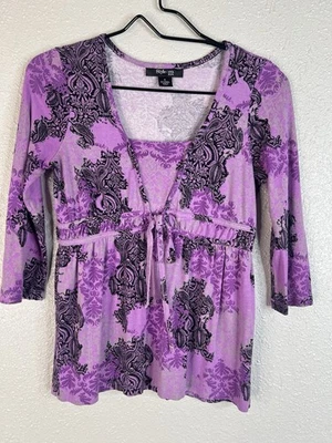 Vtg Y2K Milkmaid Babydoll Top Purple Black Tie Front Ornate Paisley Fairy Goth - Image 1 of 4