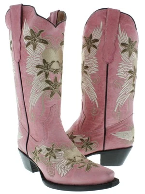 Womens Cowboy Boots Pink Leather Heart Embroidery Ranch Size 5, 5.5, 7, 9.5-10.5 - Image 1 of 4