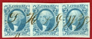 US 1862-71, #R7a, 2c Certificate, Imperf Stripe of 3, Used - Picture 1 of 2