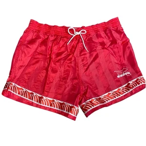 Diadora Vintage Shorts Nylon Red 80s 90s Unlined Satin Stripes Soccer Running - Picture 1 of 7