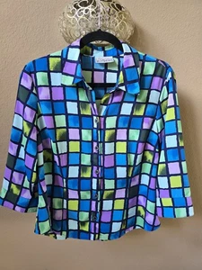 Cathy Che Button Down Blouse Shirt Stained Glass Pattern Vibrant Colors Size M - Picture 1 of 7