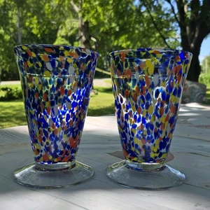 Set Of 2! Signature Glass, Hand Blown Confetti Art Glass Tumbler Vases Colorful - Picture 1 of 8