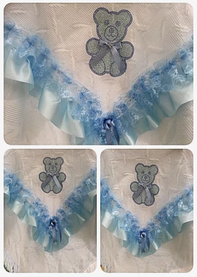 ROMANY BABY SHAWL - PINK/ BLUE/ WHITE LACE/RIBBON WITH BLING TEDDY DESIGN - Image 1 of 3