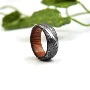 Damascus Ring for Men Whiskey Barrel Wood Inlay Engagement Band Christmas Gift - Picture 1 of 8