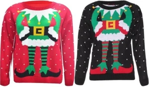 Womens Long Sleeve Knitted Elf Print Christmas Top Mens Crew Neck Xmas Jumper - Picture 1 of 3
