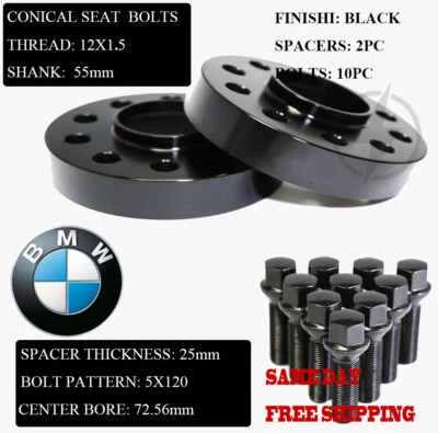 2PC FIT BMW 25mm HUB CENTRIC WHEEL SPACER CB72.56mm W/ 12X1.5 CONE SEAT LUG BOLT - Image 1 of 4