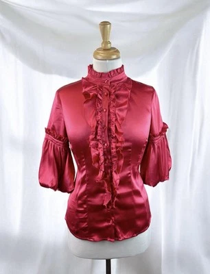 Bebe Pink Silk Blouse Top Dressy Romantic Balloon Sleeve Chic Ruffle Size Small - Image 1 of 4