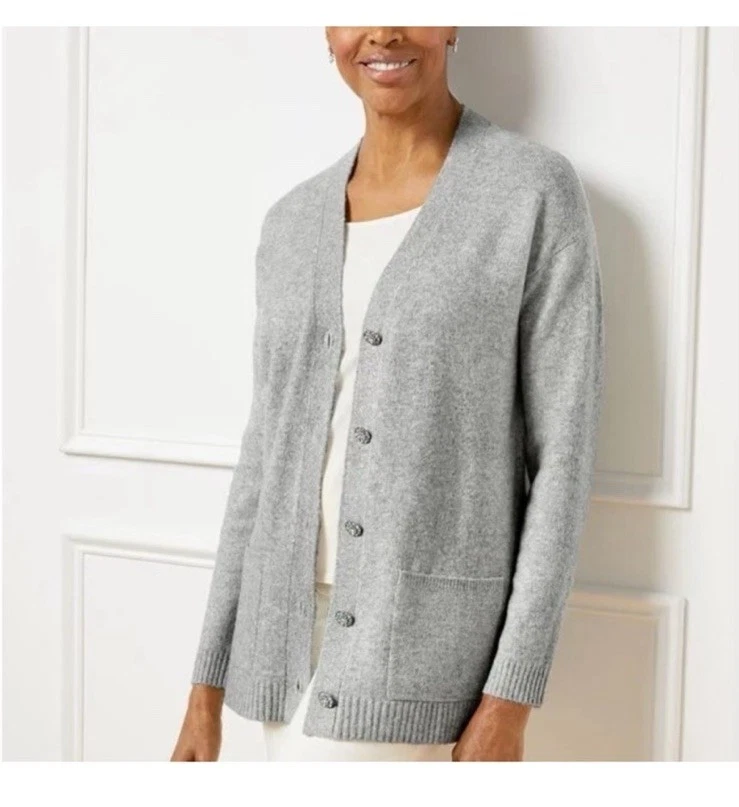 Cárdigan TALBOTS 3XL Botones Perlados Gris Bolsillos Longline Minimalista Dinero Antiguo Foto 1 de 4