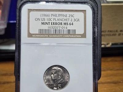 RARE (1966) Philippine 25c On US 10c Planchet  2.3 Grams MINT ERROR MS 64. - Image 1 of 4
