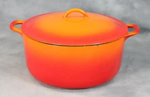 Large Vintage Cast Iron Descoware Belgium Flame Orange Casserole Dish Dutch Oven - Picture 1 of 6