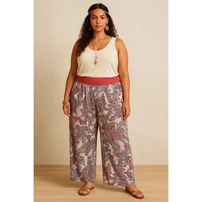OneWorld Boho Wide Leg Pants Women's 3X Paisley Smocked Waist Palazzo Lounge - Image 1 of 4