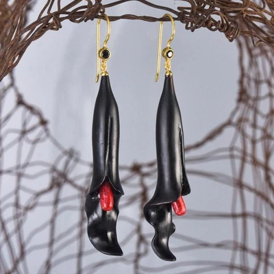 Carved Black Horn Flower Earrings Red Coral Spinel Gold Vermeil Sterling 7.97g - Image 1 of 4