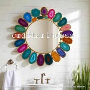 12" Mix Agate Crystal Wall Hanging Mirror with Glass Handmade Art & Bath Decors - Picture 1 of 8