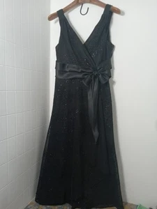 Evan Picone Dress Sz 14 Black Evening Gown Tiered, Lined, Bow, Glittered Chiffon - Picture 1 of 11