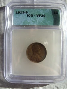 1913-S LINCOLN WHEAT CENT ICG VF20 - Picture 1 of 2