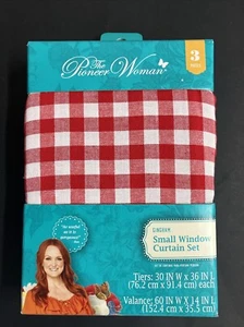 The Pioneer Woman Gingham Kitchen Small Window Curtain Set White Red 3-Piece New - Picture 1 of 6