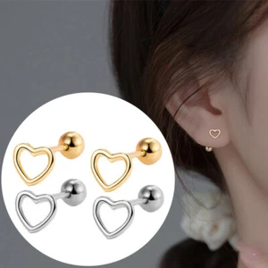 Women Sterling silver Plated Open Heart Ball Screw Back Stud Earrings Gift PE5 - Picture 1 of 8