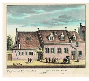 1736 INCISIONE SU RAME COLORATA A MANO DELLA SCUOLA LATINA A DELFT - Foto 1 di 1