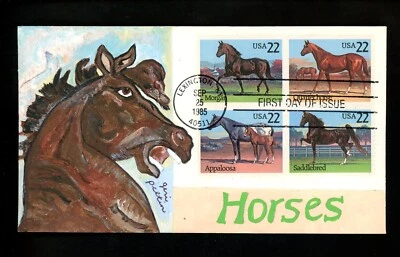 US FDC #2155-2158 Geri Peltin Hand Painted HP 1985 Lexington KY American Horses - Image 1 of 2