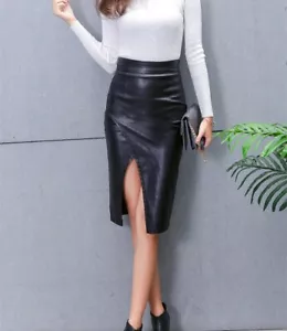 Women's Outdoor Style Genuine Lambskin Leather Skirt 100% Fashionable Slit Skirt - Picture 1 of 6