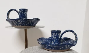 Vtg Bastine 1989 Indiana 'Lot Of 2' Blue Sponge Pottery Candle Holders EUC - Picture 1 of 7